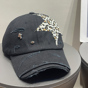 大头围复古破洞千禧辣妹豹纹星星棒球帽女春夏美式 防晒鸭舌帽子潮