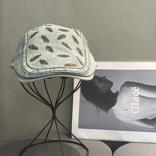 复古水洗做旧牛仔前进鸭舌帽女刺绣百搭显脸小报童帽子古着贝雷帽