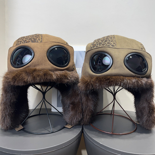 复古哈尔滨豹纹护目镜飞行员毛绒雷锋帽秋冬女加绒保暖护耳帽子男