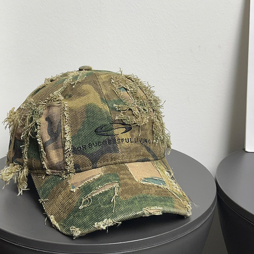 大头围复古做旧破洞小众迷彩棒球帽女街头显脸小遮阳鸭舌帽子男潮