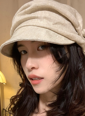 日系复古透气棉麻贝雷帽女春夏百搭遮阳文艺钢丝褶皱显脸小帽子
