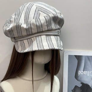 日系复古条纹星星贝雷帽女春秋百搭休闲宽檐显脸小八角画家帽子潮