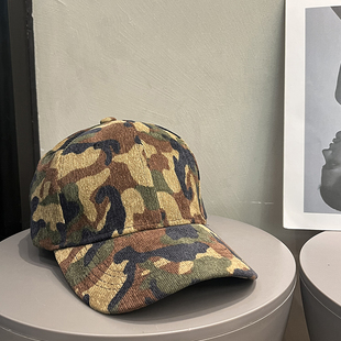 韩版 硬顶迷彩毛绒鸭舌帽子女秋冬保暖大头围显脸小复古棒球帽男潮