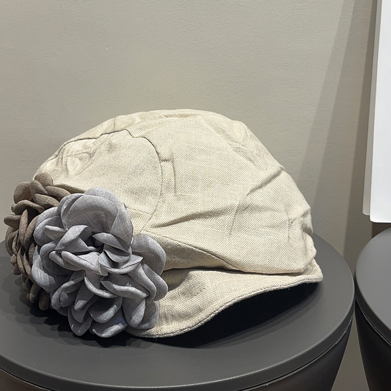 日系复古废土亚麻褶皱贝雷帽女春夏新款显脸小大头围文艺云朵帽子