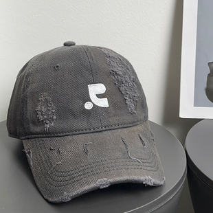 大头围复古做旧破洞棒球帽女春夏百搭遮阳显脸小鸭舌帽子男防晒潮