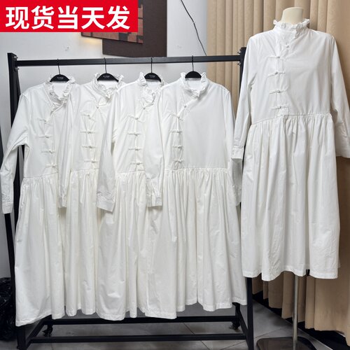 中式花边领盘扣褶皱拼接连衣裙