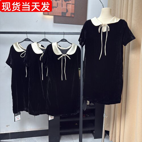正反两穿系带娃娃领丝绒连衣裙