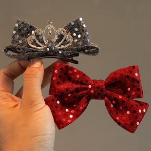 儿童新年红色女童皇冠头顶大蝴蝶结在逃小公主亮片发夹女孩子发饰