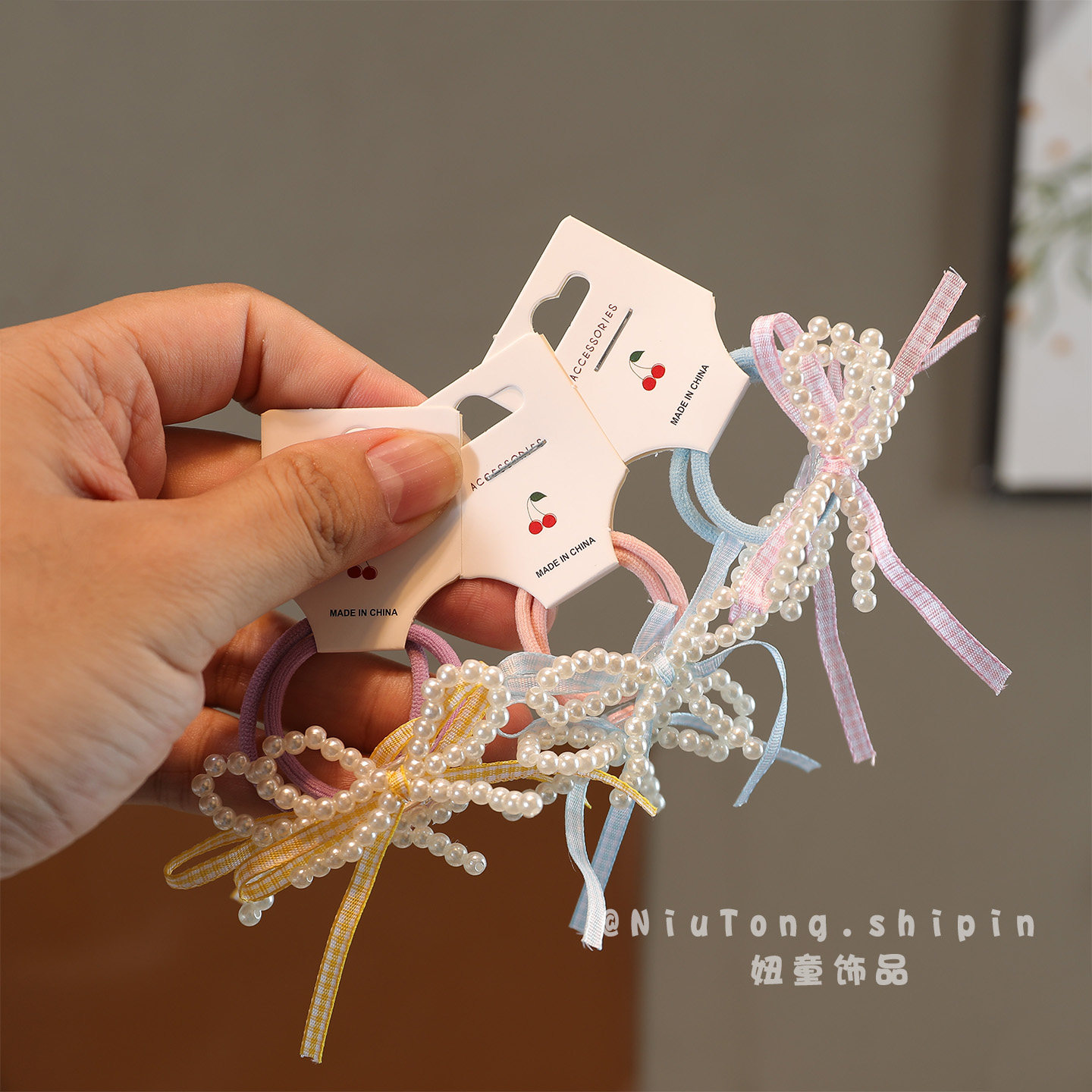 儿童清新珍珠格纹丝带蝴蝶结发圈