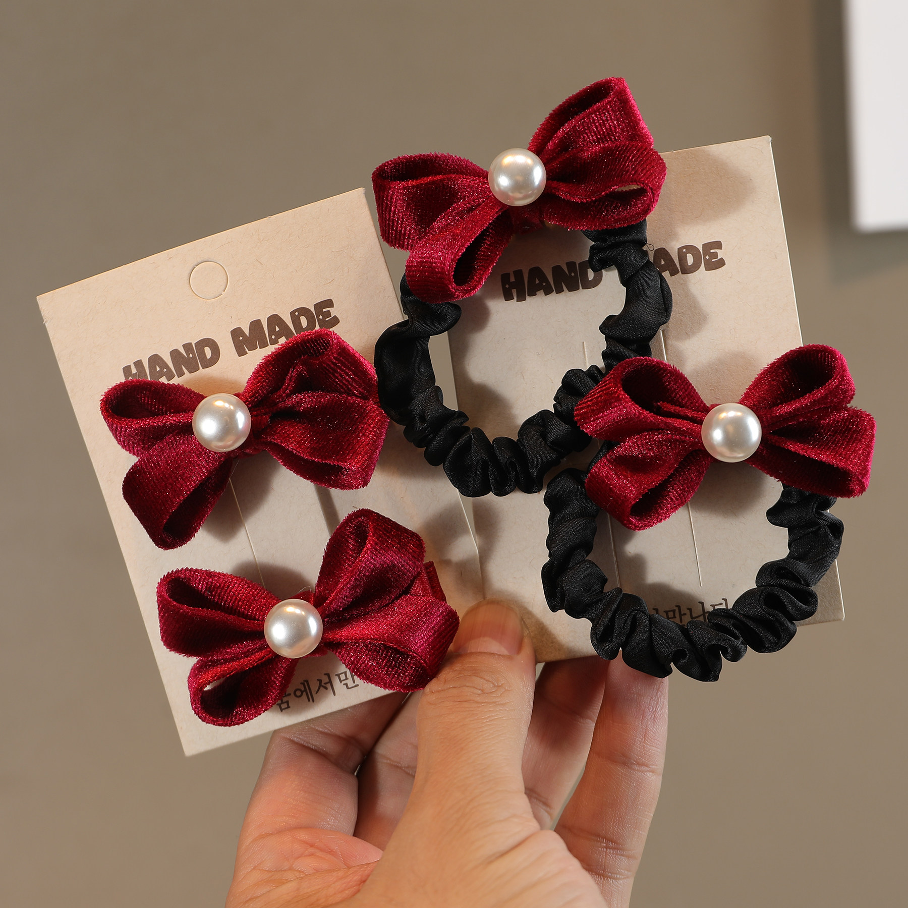 儿童珍珠发夹红色扎马尾蝴蝶结发圈女童装饰头绳高弹力丸子头发饰