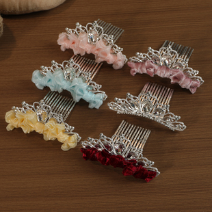 儿童高级感红毛绒皇冠头饰公主插梳发饰女童表演生日新年发夹发饰