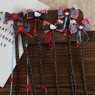 儿童假发辫子发夹卡通kt猫牛仔蓝蝴蝶结女童编发头饰2025新款发饰