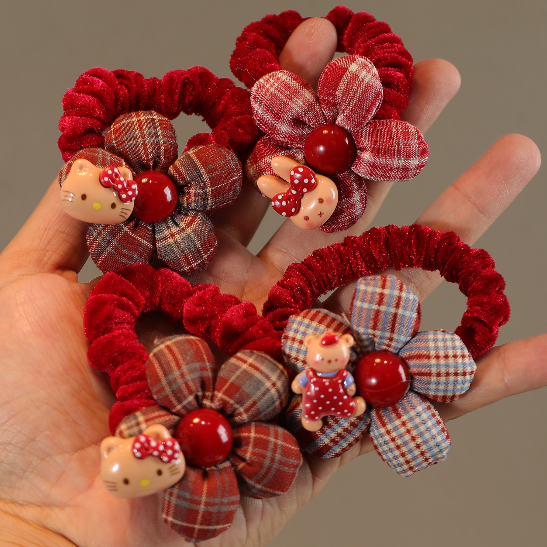 儿童红色格纹花朵发圈女童植绒扎发绳可爱卡通丸子头皮筋头饰发饰,童装/婴儿装/亲子装,发饰,淘宝优惠券,粉丝福利购,淘宝优惠卷