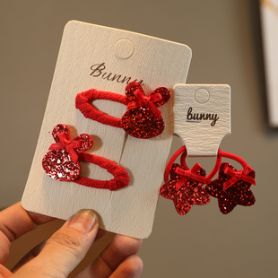 儿童新年红色闪钻兔子蝴蝶结发圈女童双马尾头绳不伤发扎马尾发饰