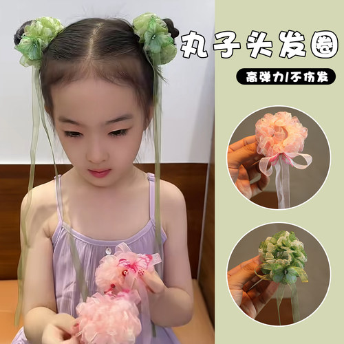 儿童2026蝴蝶雪纱丸子头发圈女童夏日飘带发饰小女孩飘飘纱带发饰