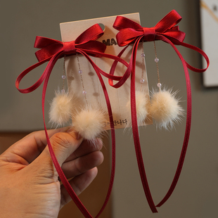 儿童毛球流苏蝴蝶结红色发夹女童过新年发饰古风汉服发卡公主发饰