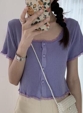 新款网红蕾丝花边方领薄款针织衫女夏紫色bm短款开衫上衣外套