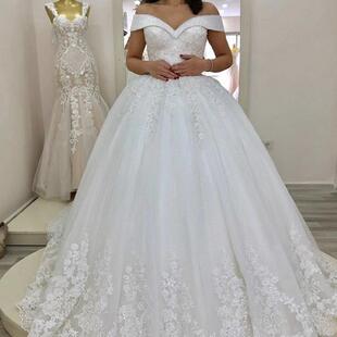 外贸婚纱V领收腰性感婚纱拖尾绑带蕾丝主婚纱短袖一字肩露背简约