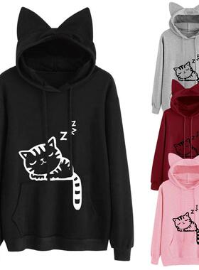 2018速卖通eBay热销爆款宽松抓绒印花cat图案印花带帽卫衣