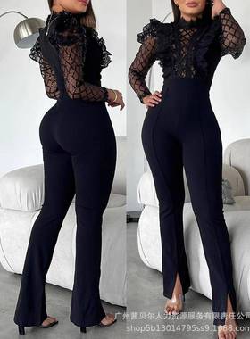 LZR18940亚马逊新品黑色珠片网格蕾丝设计长袖紧身脚口开衩连体裤