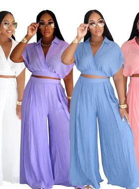 8722欧美非洲跨境外贸纯色翻领V口蝙蝠上衣阔腿长裤时尚宽松套装