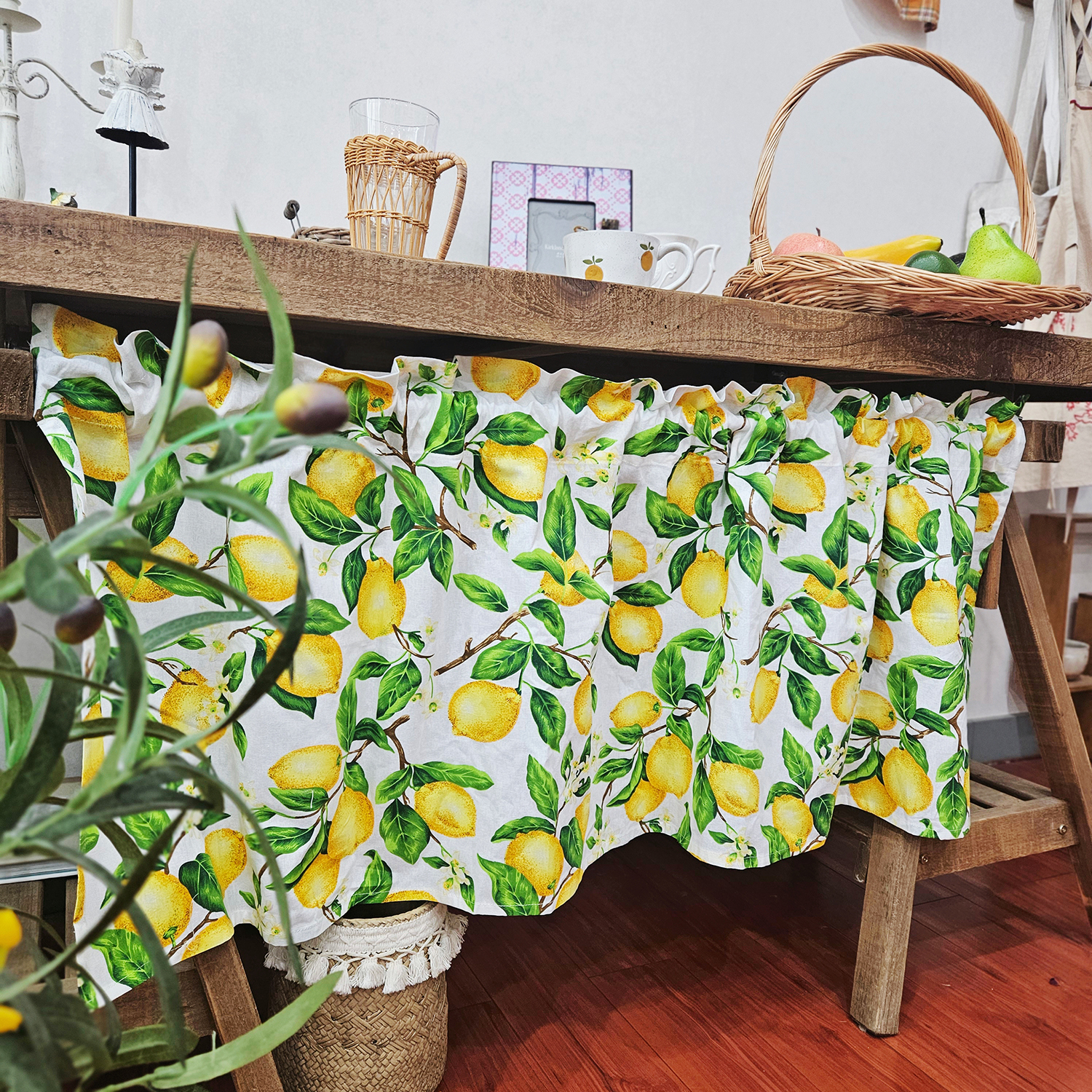 免打孔田园风复古百搭纯棉柠檬之夏印花清新橱柜半帘门帘