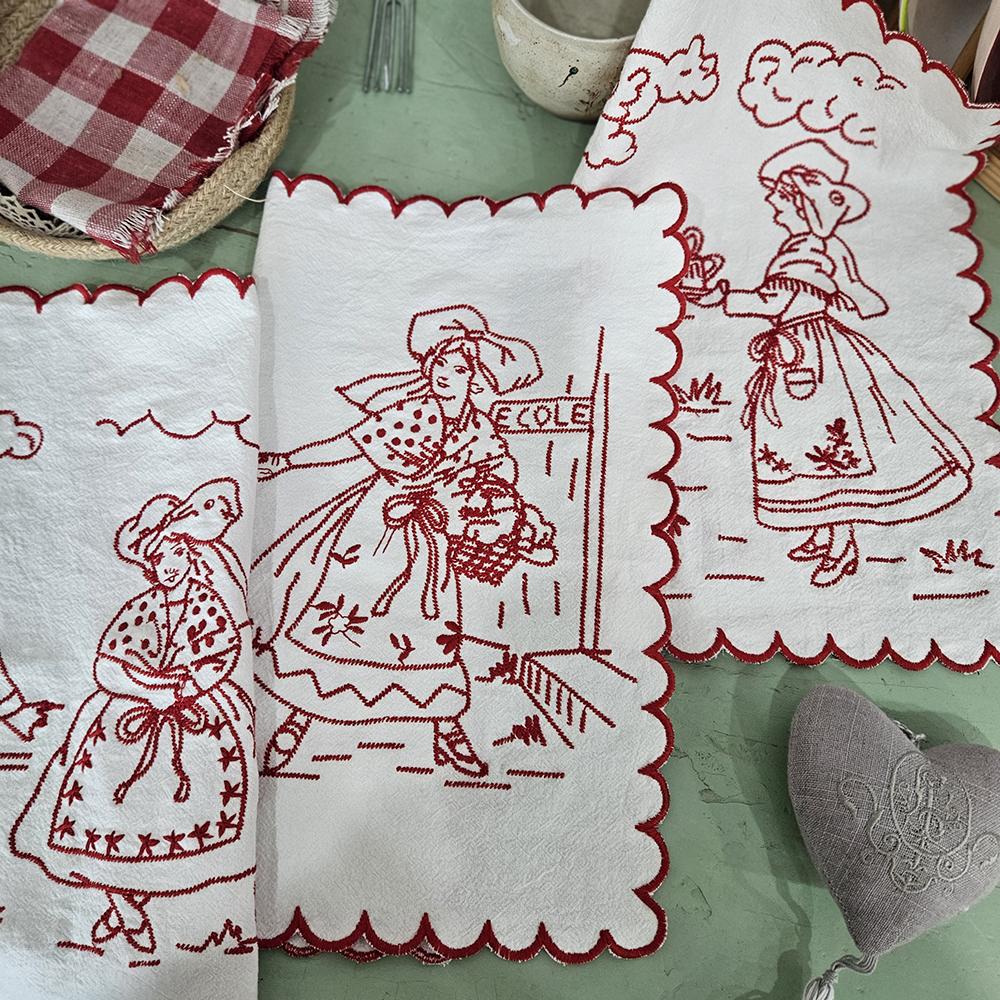 法式生活中古风法国红绣餐垫人物棉麻多用盖巾