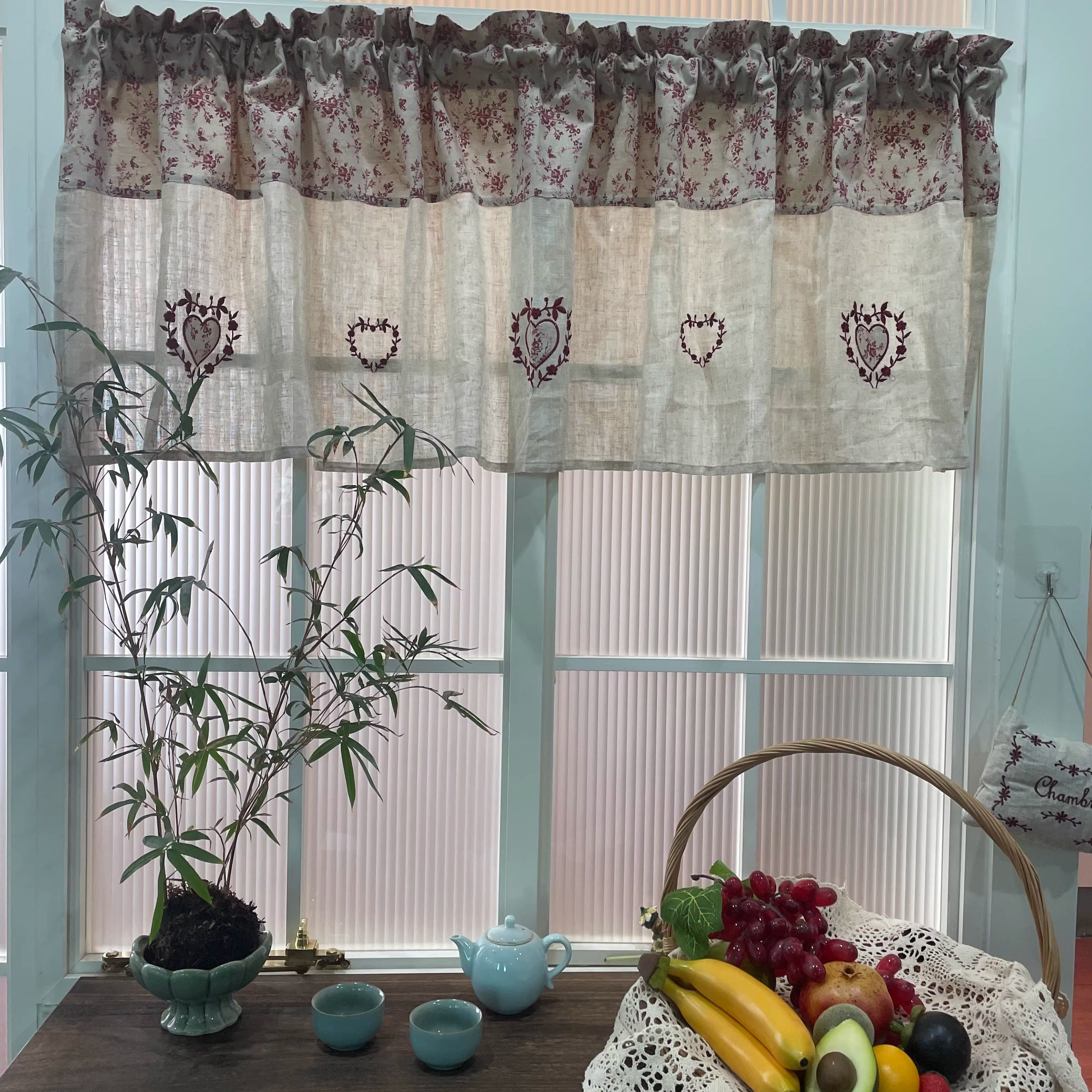 免打孔法式复古田园亚麻纱拼接纯棉碎花爱心贴布刺绣装饰隔断半帘,居家布艺,柜类遮挡帘,淘宝优惠券,粉丝福利购,淘宝优惠卷
