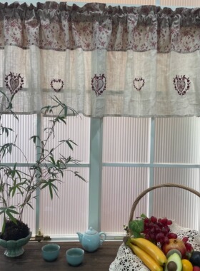 免打孔法式复古田园亚麻纱拼接纯棉碎花爱心贴布刺绣装饰隔断半帘