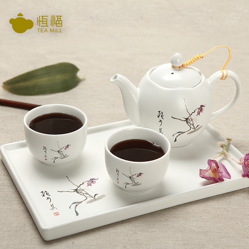 恒福茶具功夫茶具办公室功夫茶具名师陶瓷茶壶套装石斛花托盘组