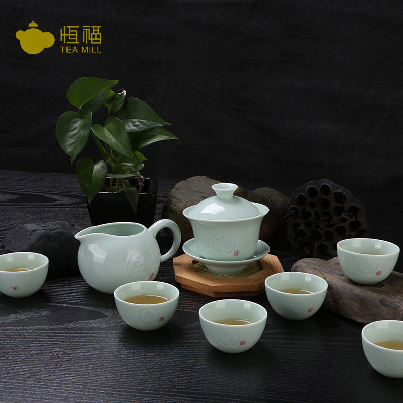 恒福哥窑古意盖碗半组家用送礼办公专用功夫整套茶具茶杯盖碗茶海