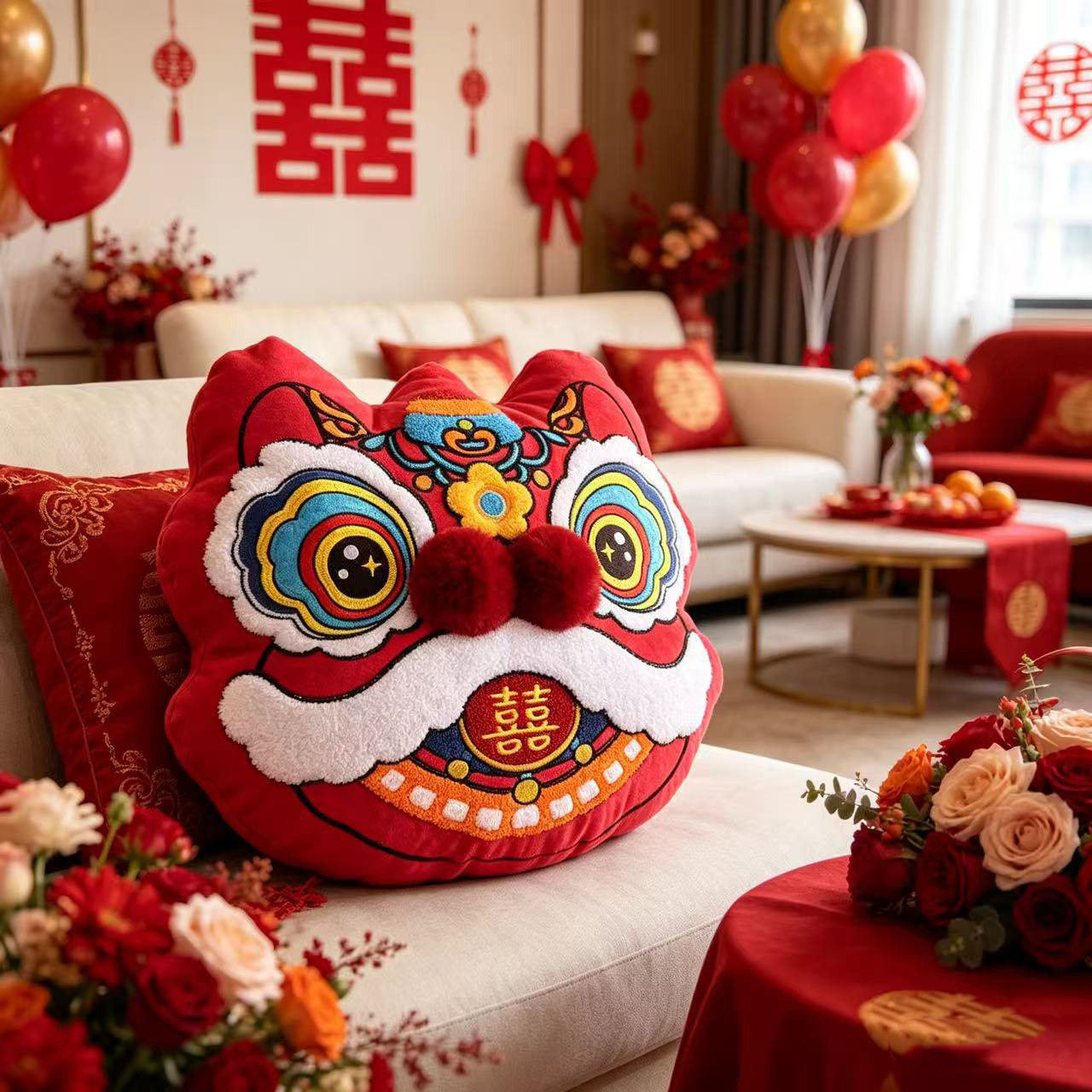 2026新款结婚乔迁吉祥物靠枕套国潮抱枕醒狮公仔喜庆客厅沙发靠垫