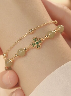 云水谣 天然和田玉手链ins小众双层叠戴原创四叶草幸运手链送礼