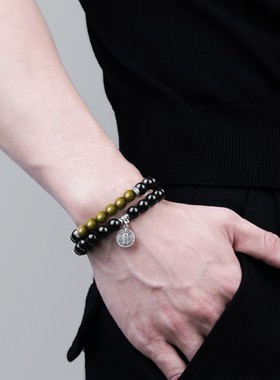 【五路财神】天然黑曜石绿檀木手串补木补水串珠手链男盘玩送男友