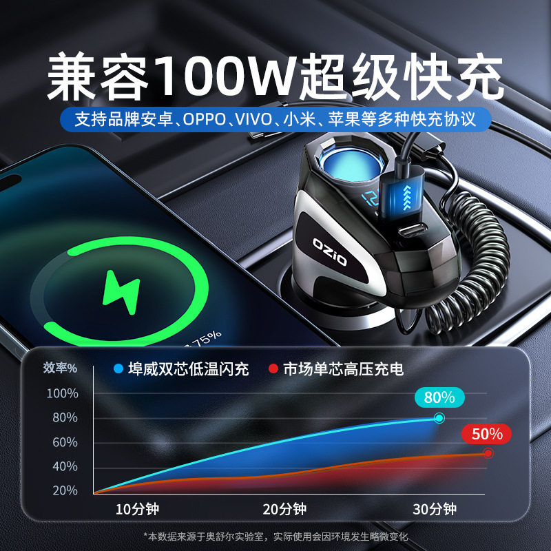 奥舒尔水晶车载充电器超级快充点烟器转换插头USB快闪充多功能车