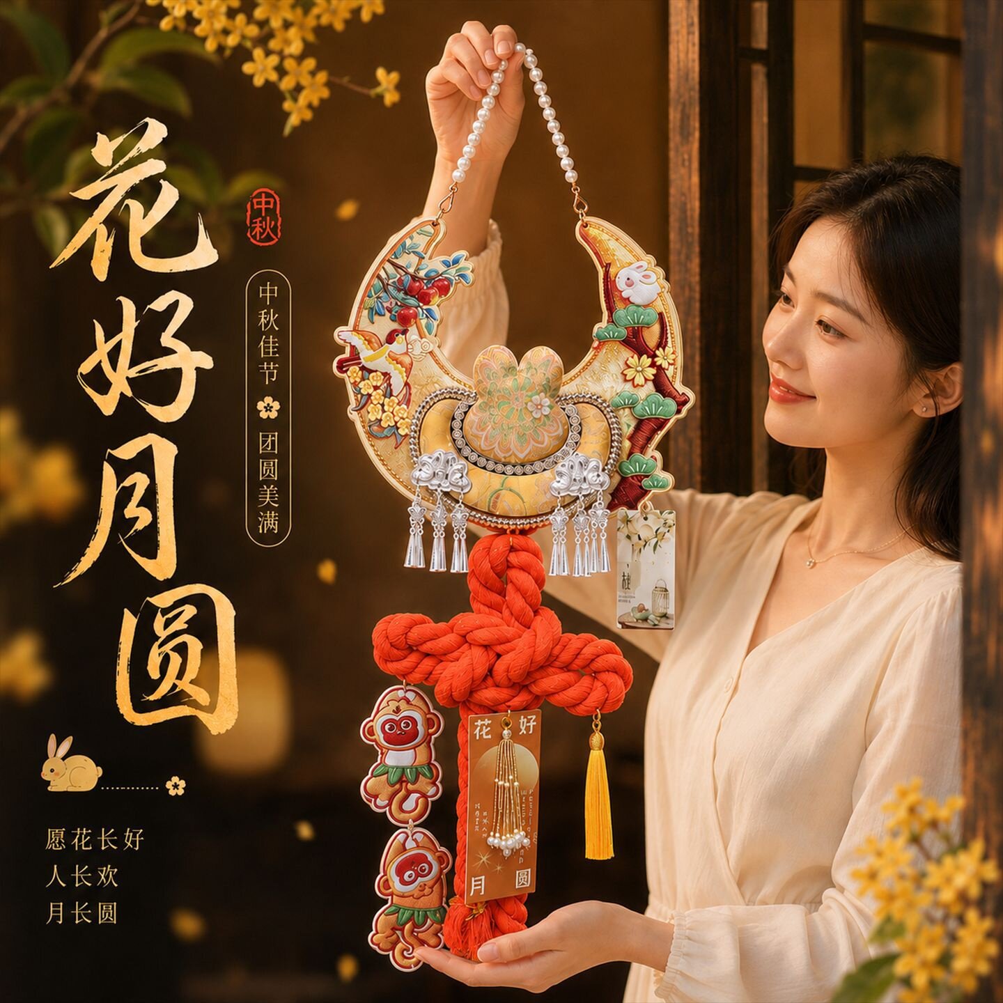 双猴揽月宋锦中国结手工挂饰图片