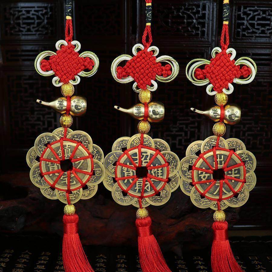 新款中国结真铜葫芦刻字梅花十帝钱挂件桃木葫芦铜钱居家汽车挂饰