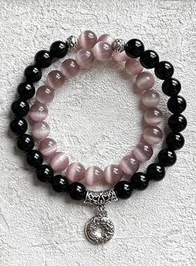『墨胭』新中式天然黑曜石手串女猫眼石转运珠能量串珠双圈手链