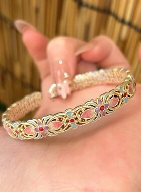 花满筑宫廷描金珐琅彩[晓芙蓉]开口手镯女新中式镯子镀纯银不掉色