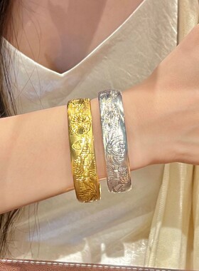 CNC工艺莲纹黄金色新中式国风莲花古法手镯女手饰手环镯子