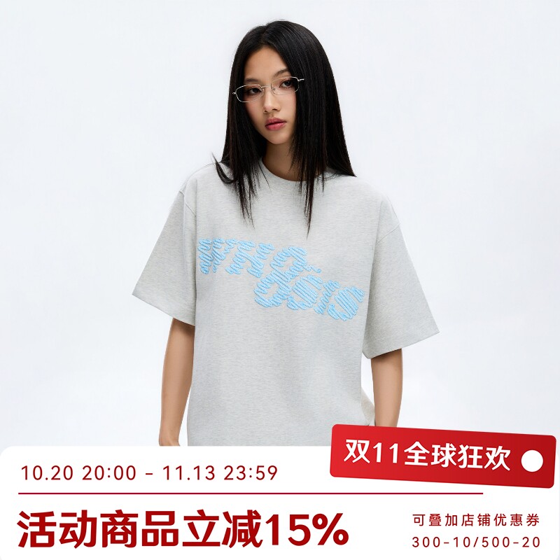 WHOOSIS（不知其名）立体绳索印花短袖T恤夏季校园宽松百搭男女潮