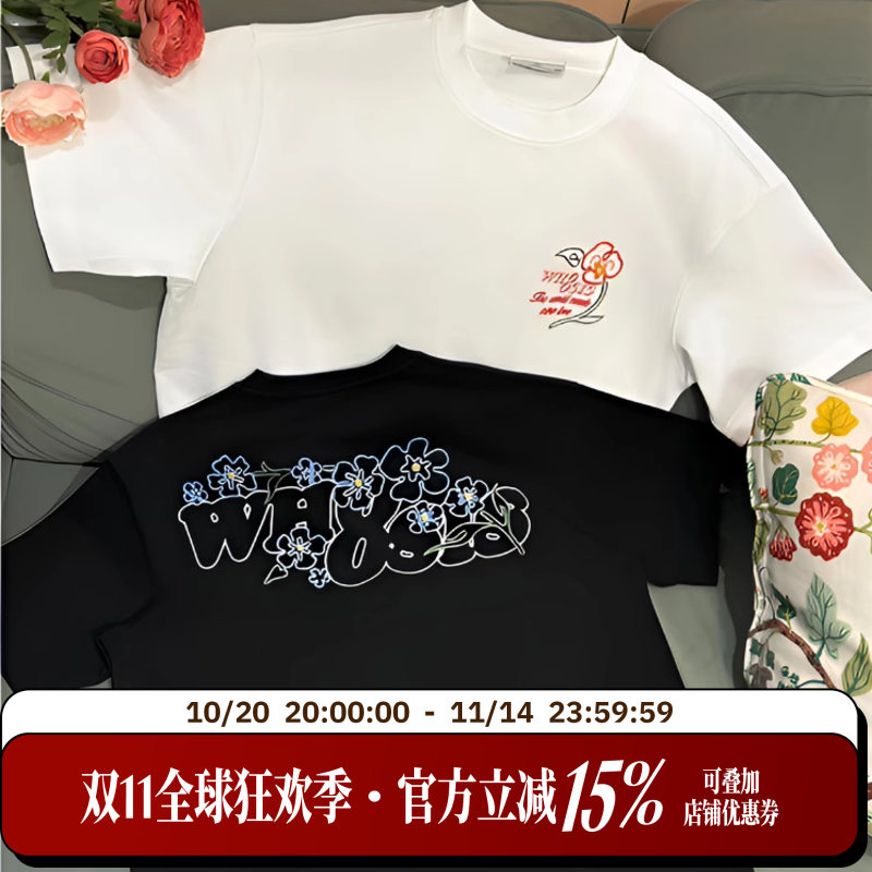 WHOOSIS(不知其名)线条绣花花卉短袖t恤夏季美式街头国潮男女潮