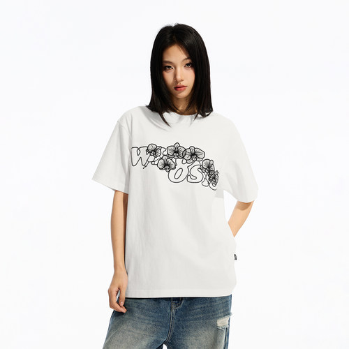 WHOOSIS（不知其名）薄纱贴布短袖T恤夏季圆领宽松休闲美式男女潮