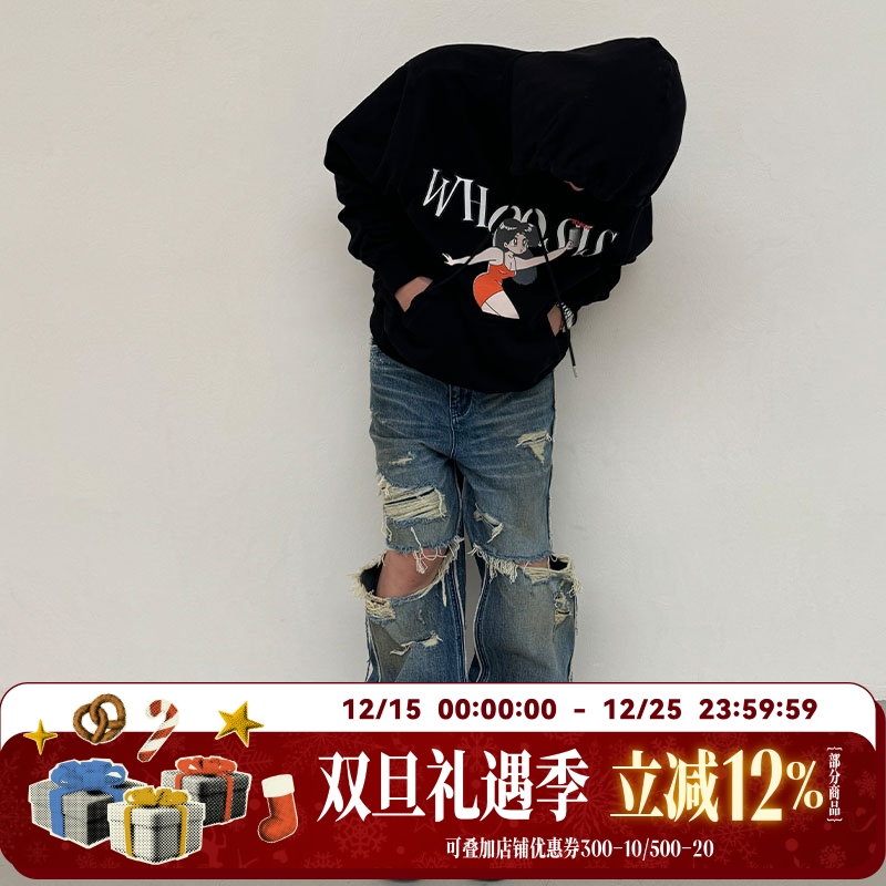 WHOOSIS（不知其名）糜烂美式牛仔裤破坏长裤子春秋美式街头男女