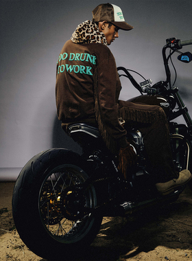 WHOOSIS（不知其名）Too drunk to work拼接流苏拉链帽衫卫衣秋男