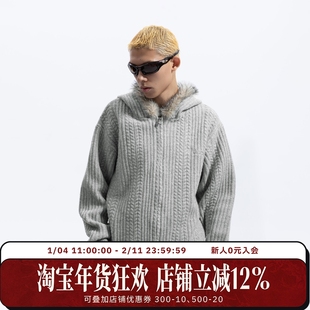 WHOOSIS（不知其名）美式复古扭花连帽开衫毛衣秋冬美式男女简约