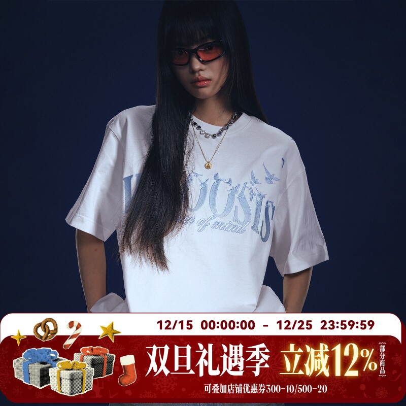 WHOOSIS（不知其名）飞鸽飘散刺绣短袖T恤重磅夏季情侣美式男女潮