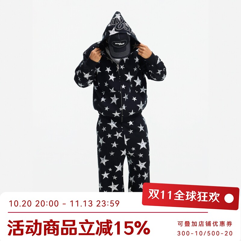 WHOOSIS（不知其名）logo刺绣星星满印卫裤休闲长裤春秋男女情侣