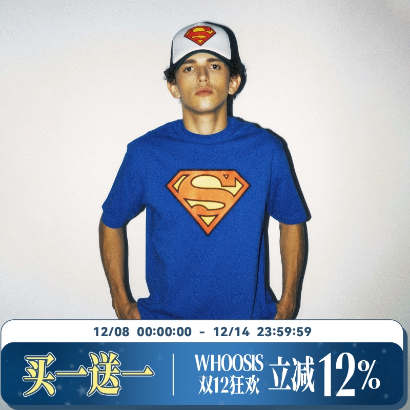 【超人SUPERMAN联名】WHOOSIS 超人logo发泡短袖T恤动漫美式男款