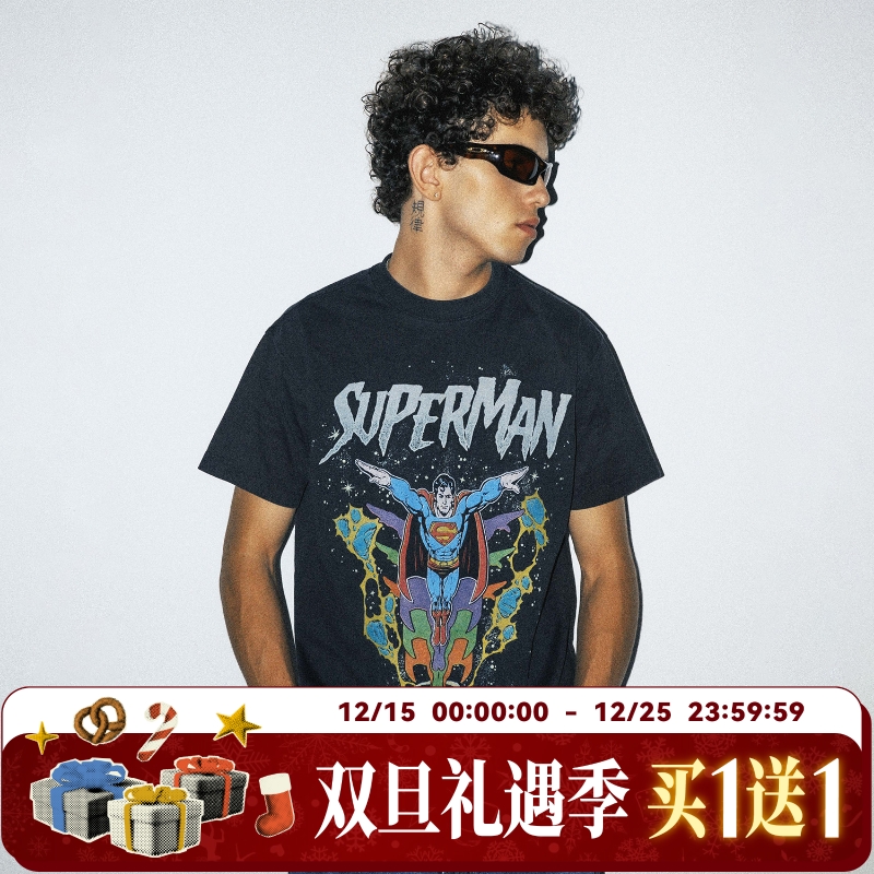 【超人SUPERMAN联名】WHOOSIS 宇宙超人水洗短袖T恤男夏美式复古